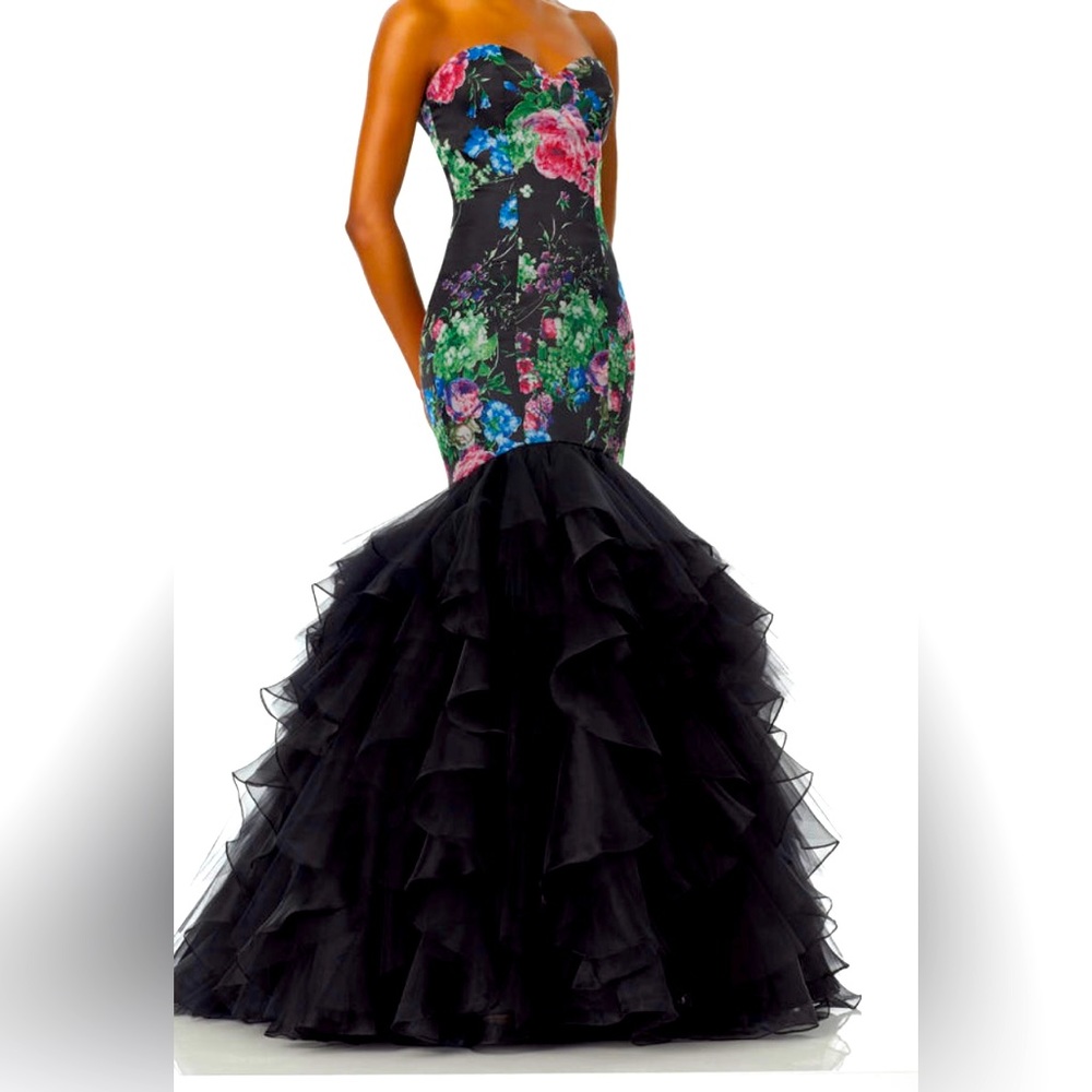 Mori Lee, Floral Printed, Organza, Mermaid style Prom Dress with Ruffled Skirt.